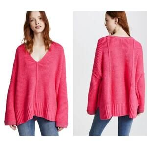 Free People Take Me Over V-Neck Chunky Knit Oversized Pink Sweater Size XS/S